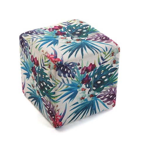 Pouf cube tropical motif feuilles bleutées et fleurs 35x35x35cm BORNEO