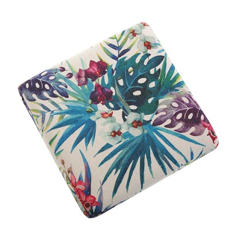 Pouf cube tropical motif feuilles bleutées et fleurs 35x35x35cm BORNEO