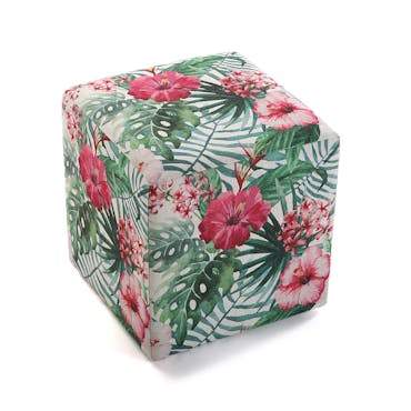  Pouf cube tropical motif feuilles et fleurs roses 35x35x35cm BORNEO
