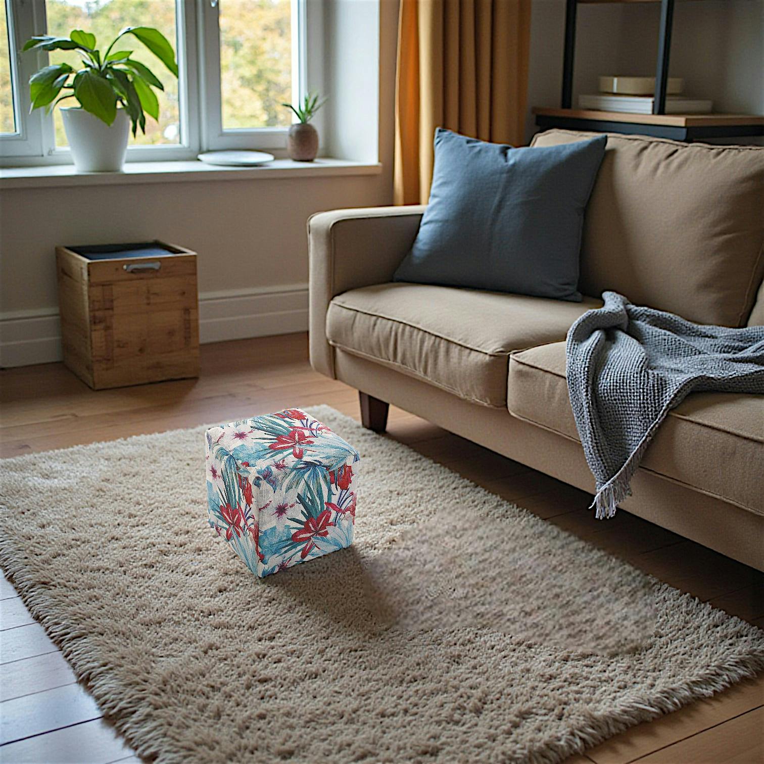 Pouf cube tropical motif feuilles et grandes fleurs rouges 35x35x35cm BORNEO