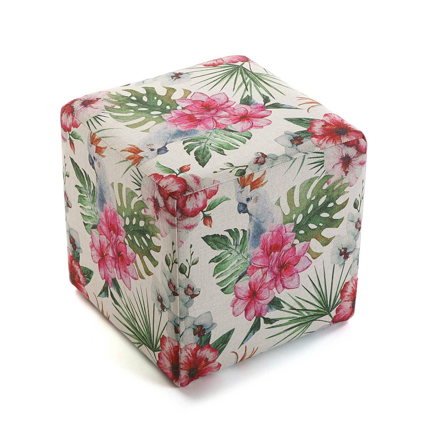 Pouf cube tropical motif perroquets, feuilles et fleurs 35x35x35cm BORNEO