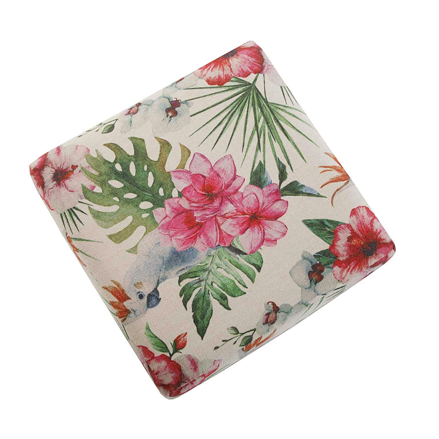 Pouf cube tropical motif perroquets, feuilles et fleurs 35x35x35cm BORNEO