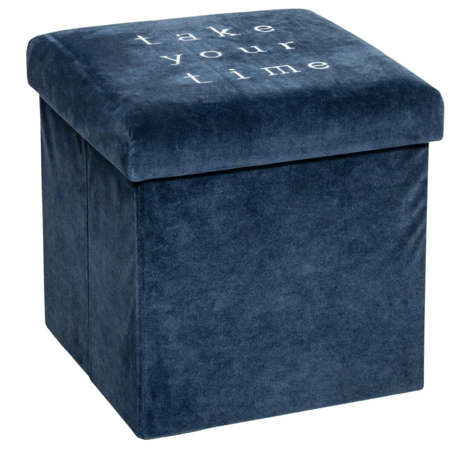 Pouf de rangement en velours bleu "take your time"