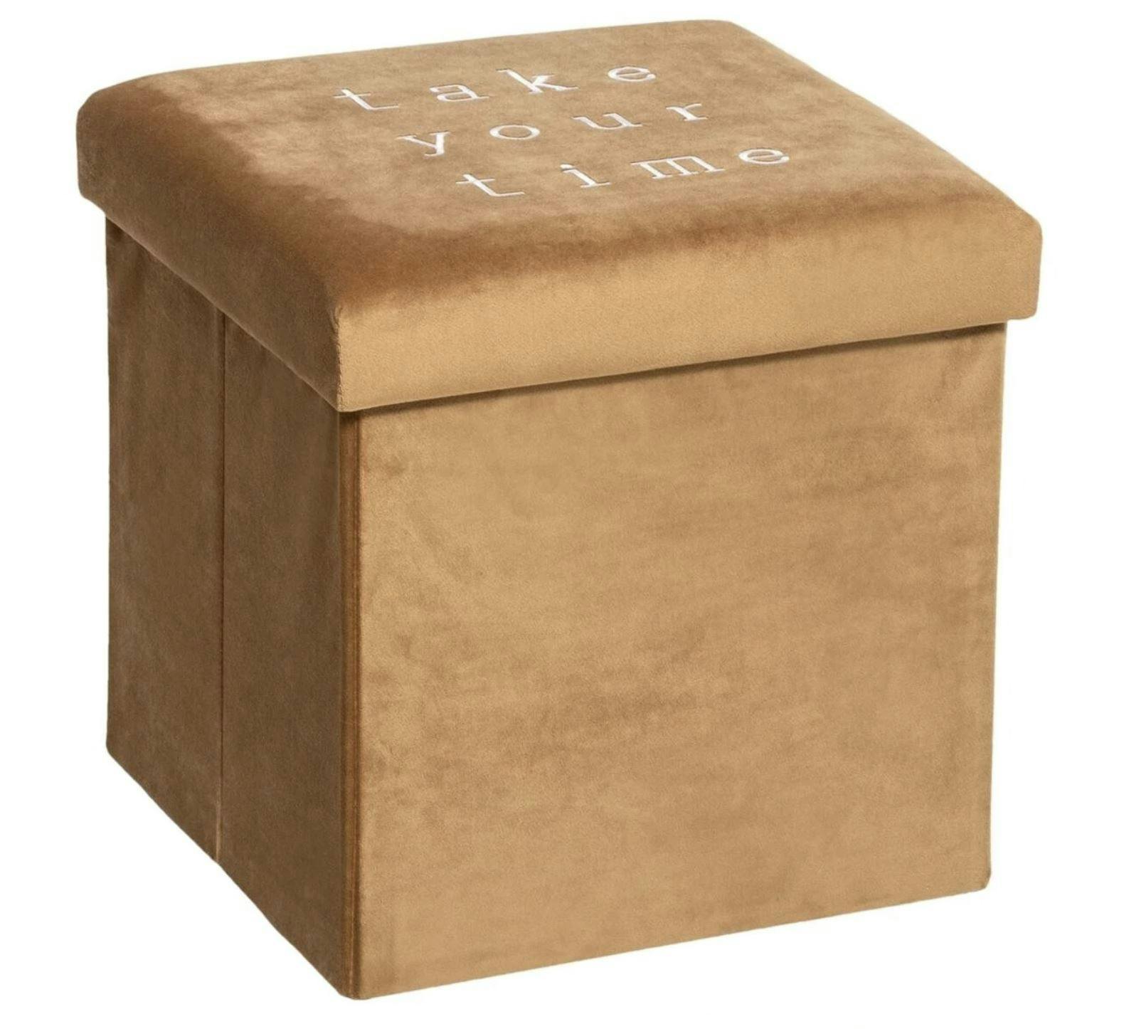Pouf de rangement en velours ocre "take your time"