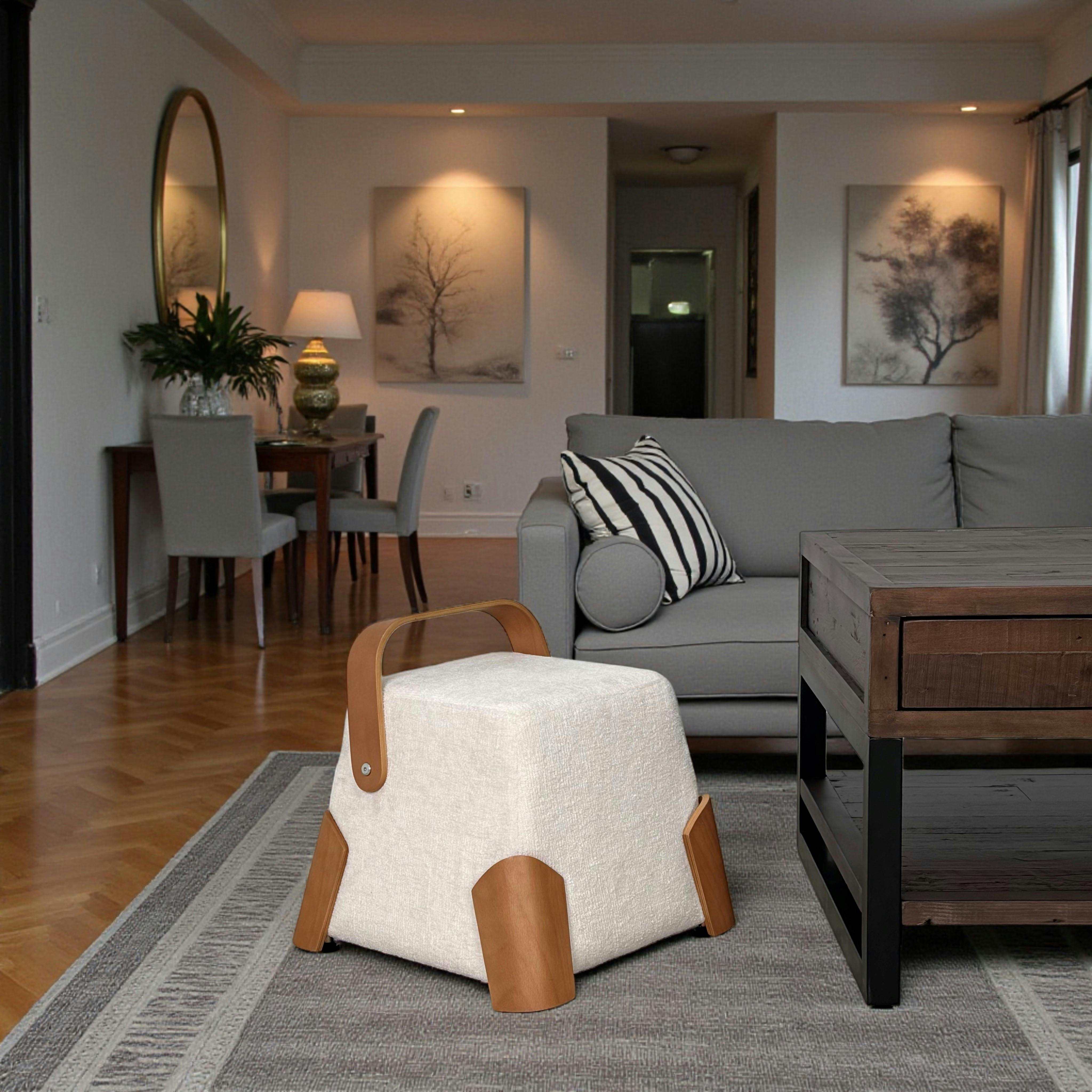 Pouf design blanc avec poignée en bois IENA