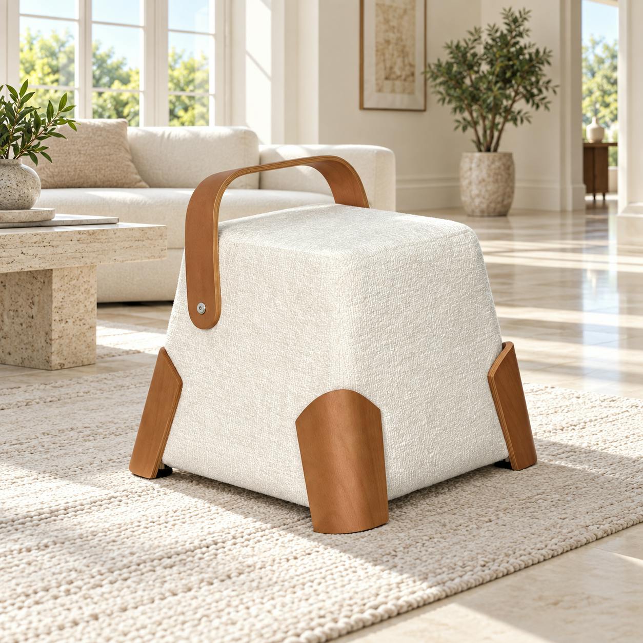 Pouf design blanc avec poignée en bois IENA