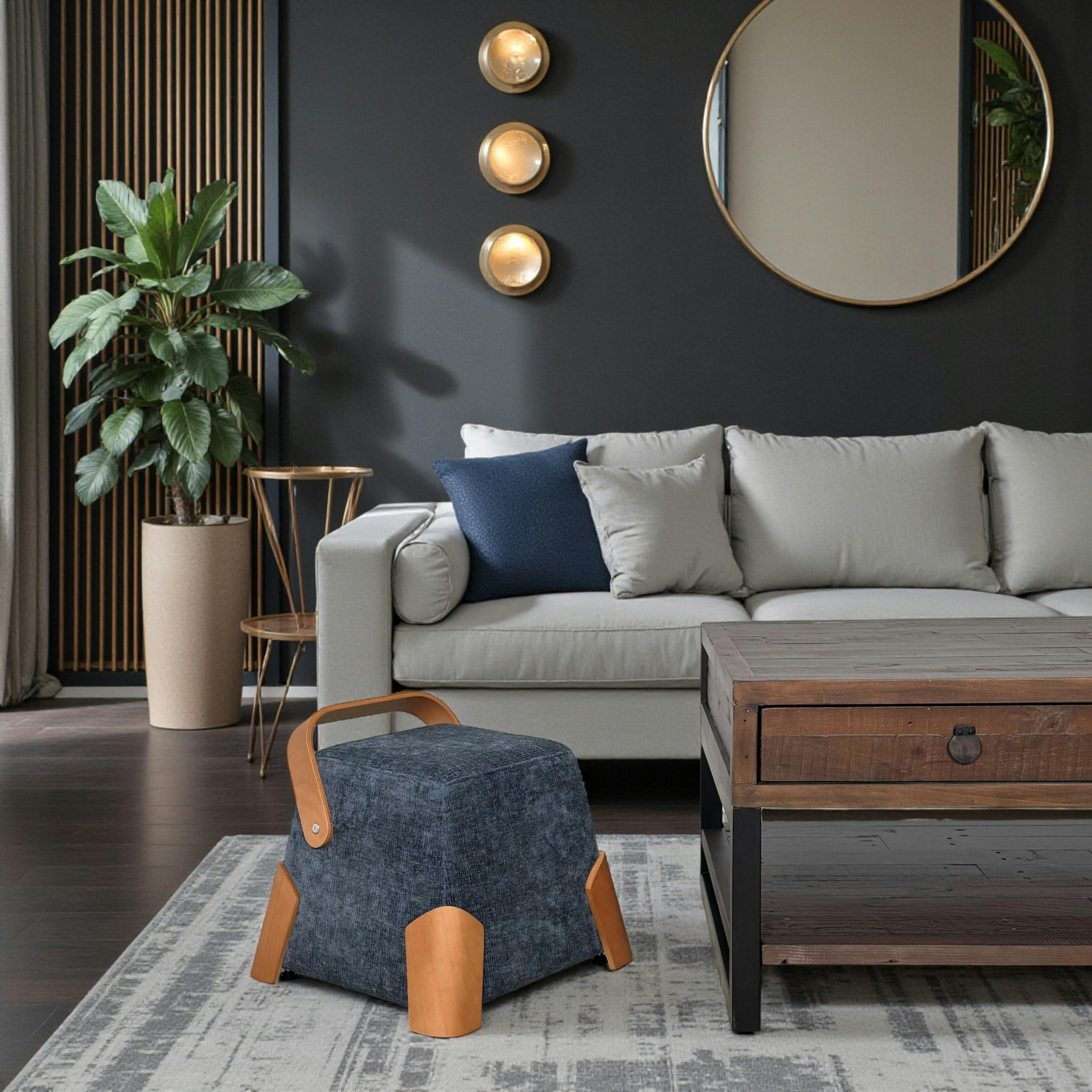 Pouf design bleu avec poignée en bois IENA