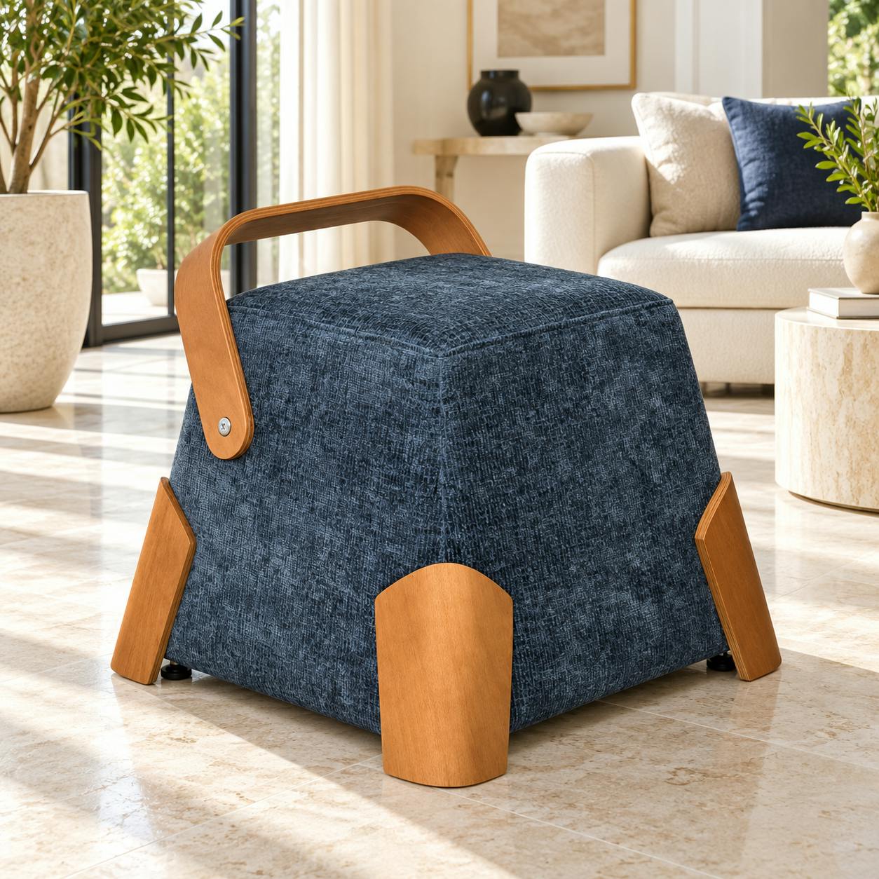 Pouf design bleu avec poignée en bois IENA