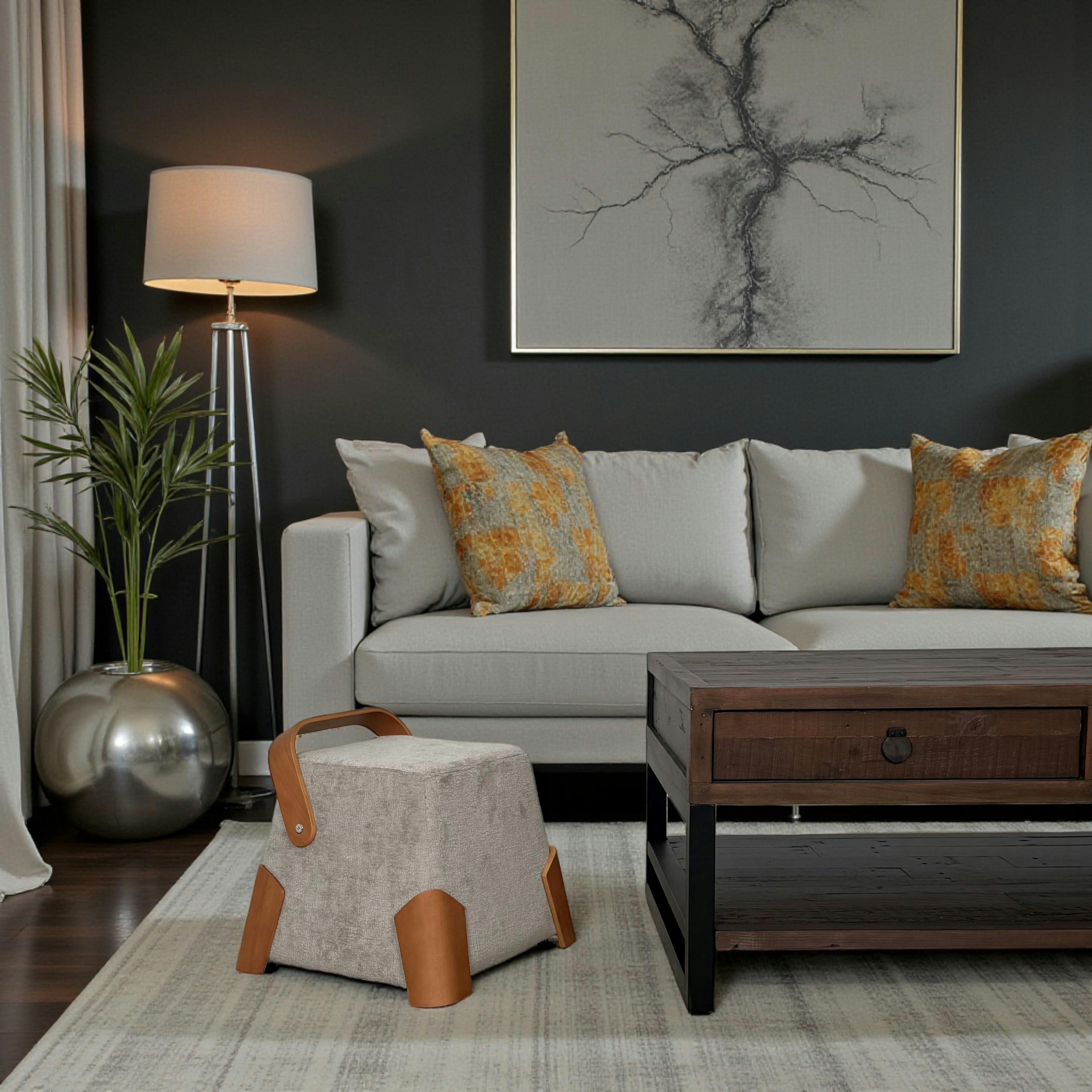 Pouf design cendre avec poignée en bois IENA