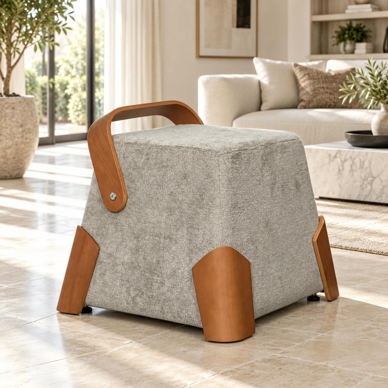 Pouf design cendre avec poignée en bois IENA