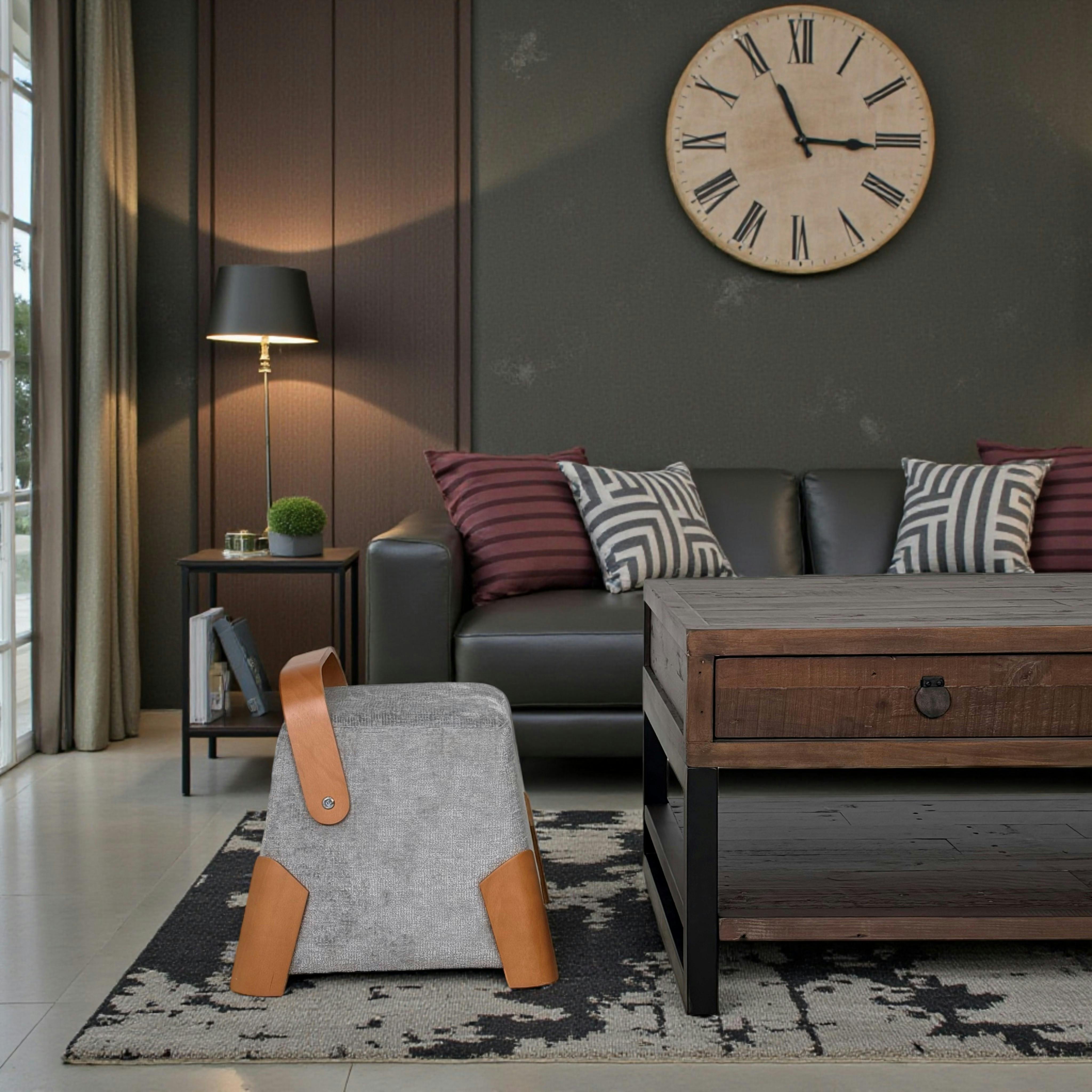 Pouf design gris avec poignée en bois IENA