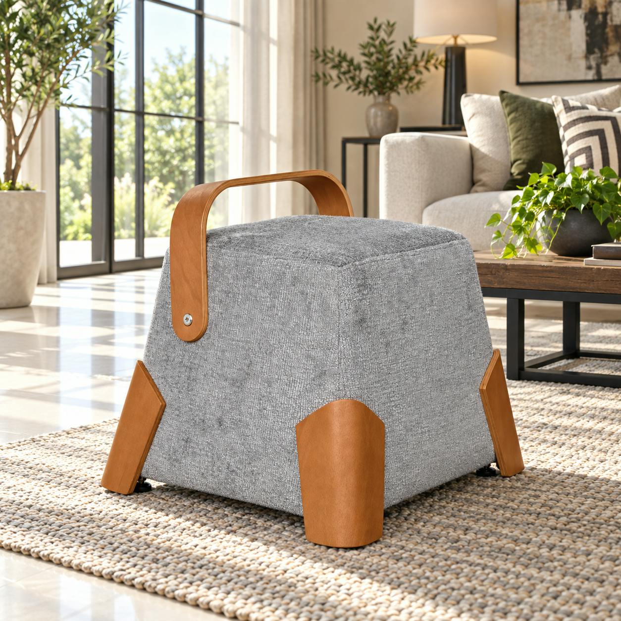 Pouf design gris avec poignée en bois IENA