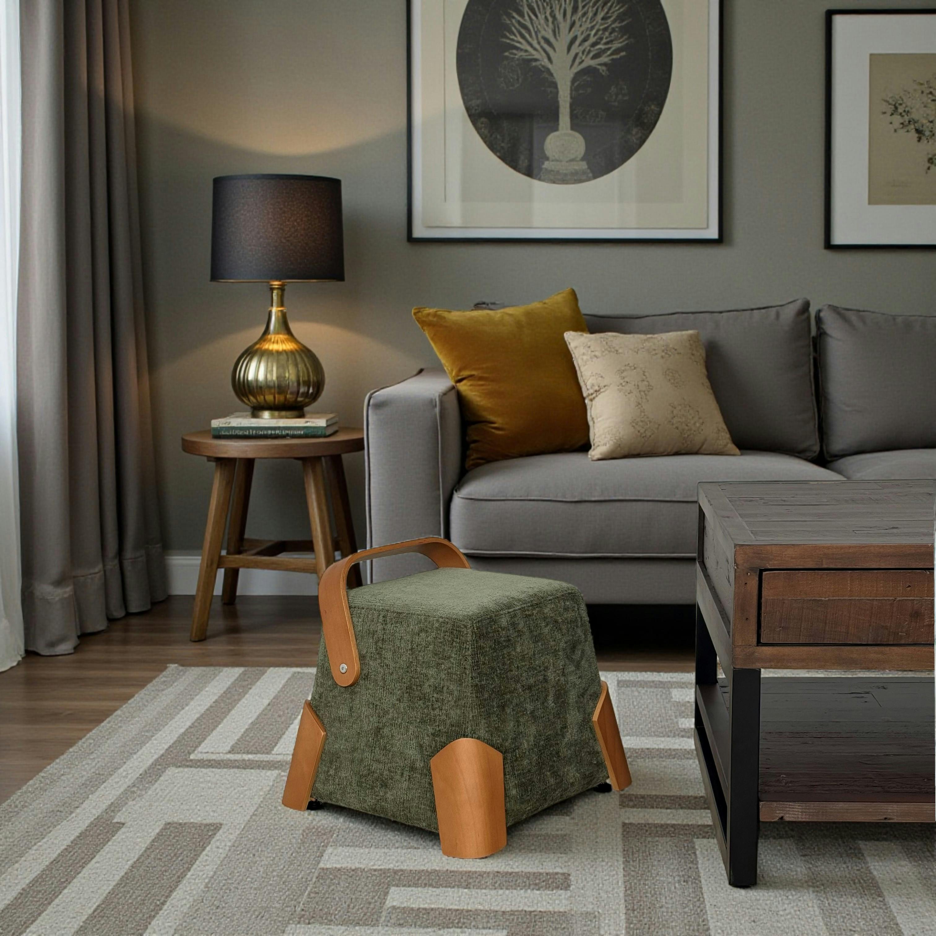 Pouf design kaki avec poignée en bois IENA