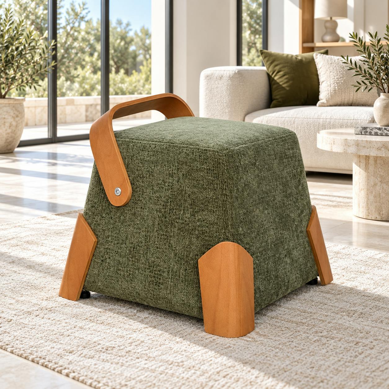 Pouf design kaki avec poignée en bois IENA