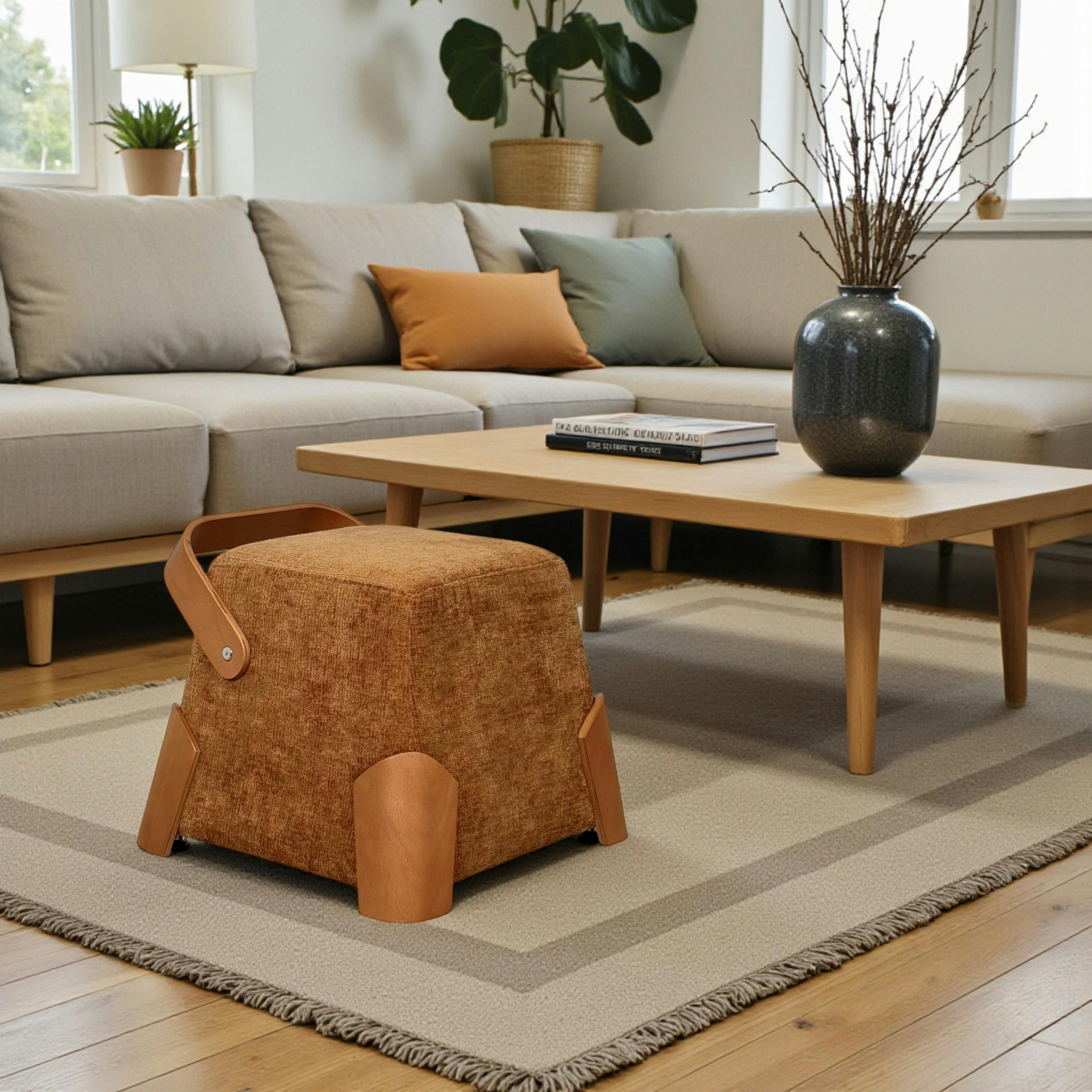 Pouf design moutarde avec poignée en bois IENA