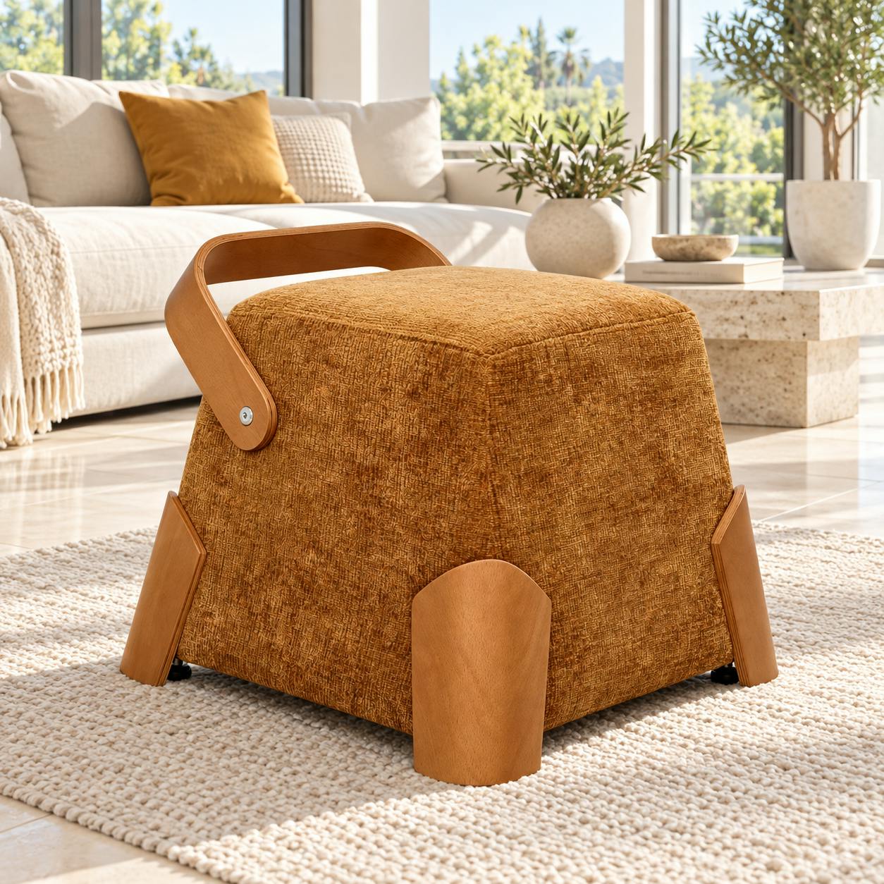 Pouf design moutarde avec poignée en bois IENA
