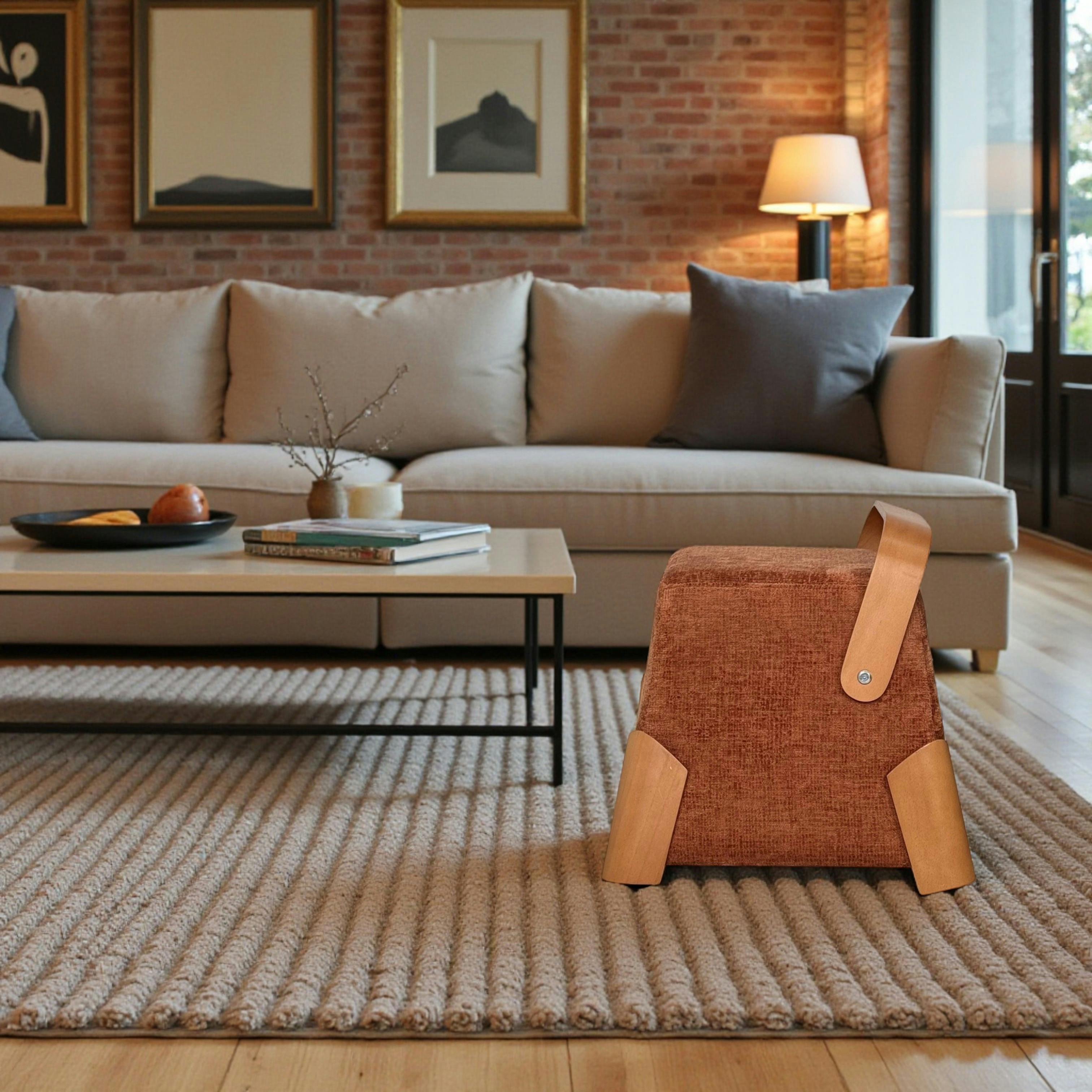 Pouf design terracotta avec poignée en bois IENA
