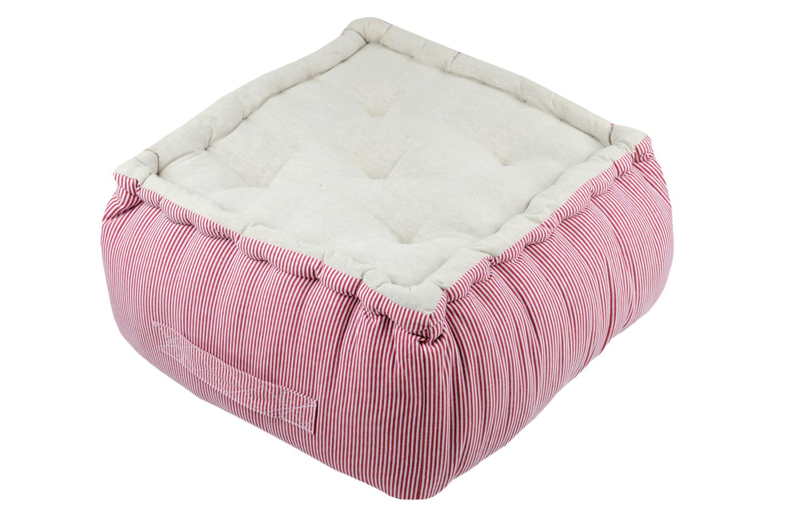 Pouf effet lin et rayures rouges en coton 40x40x30cm PLOUEZEC