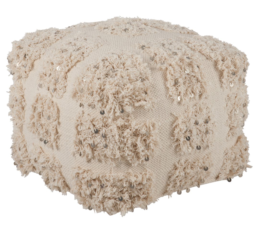 Pouf en coton blanc, aspect fourrure et sequins 45x45x35cm
