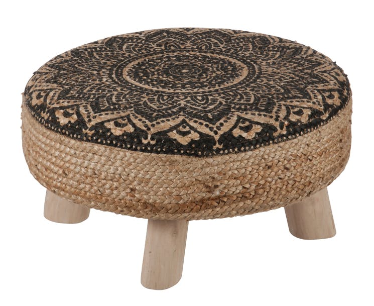 Pouf en jute motif mosaique noir/naturel D60 H30cm