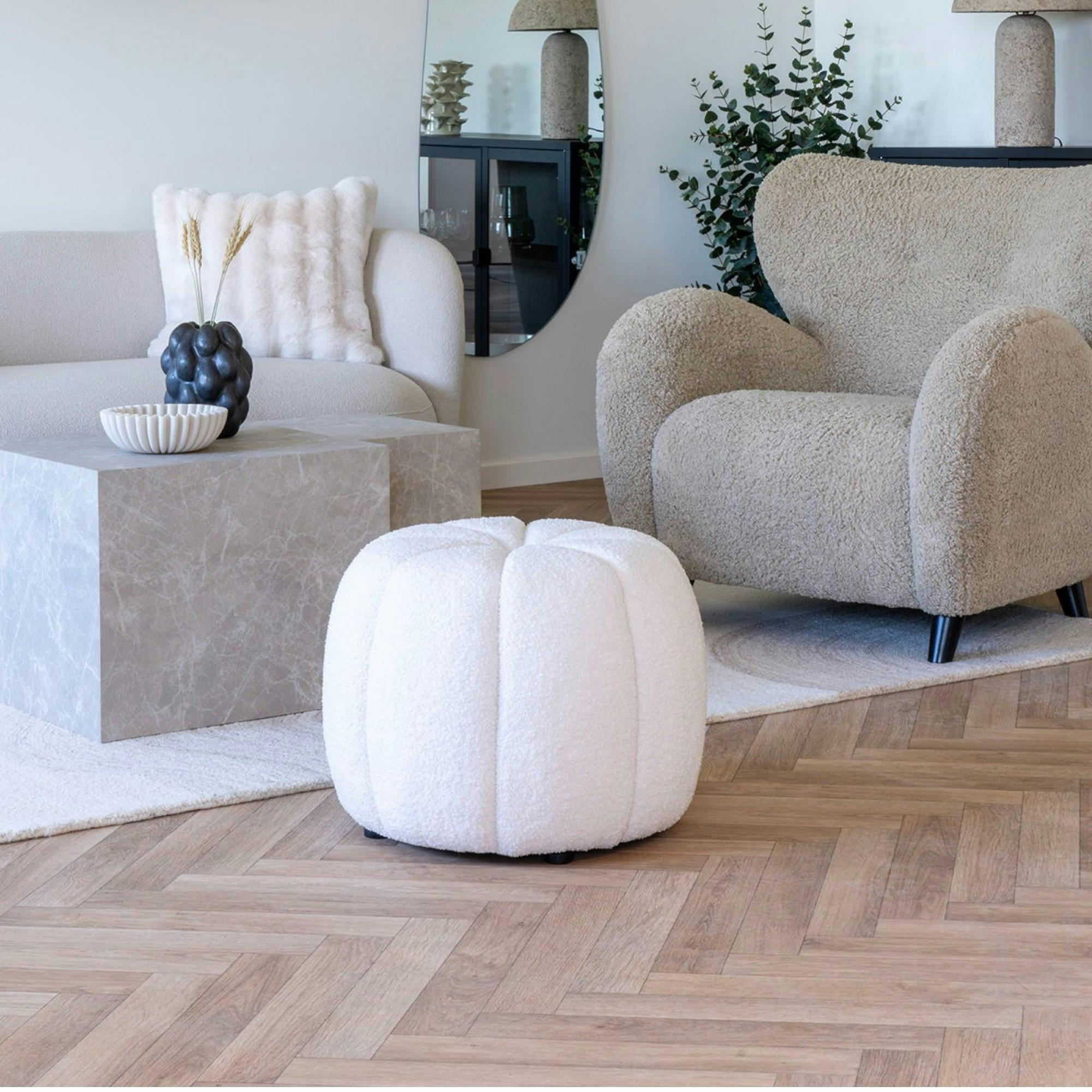 Pouf en tissu blanc cassé BERLIN