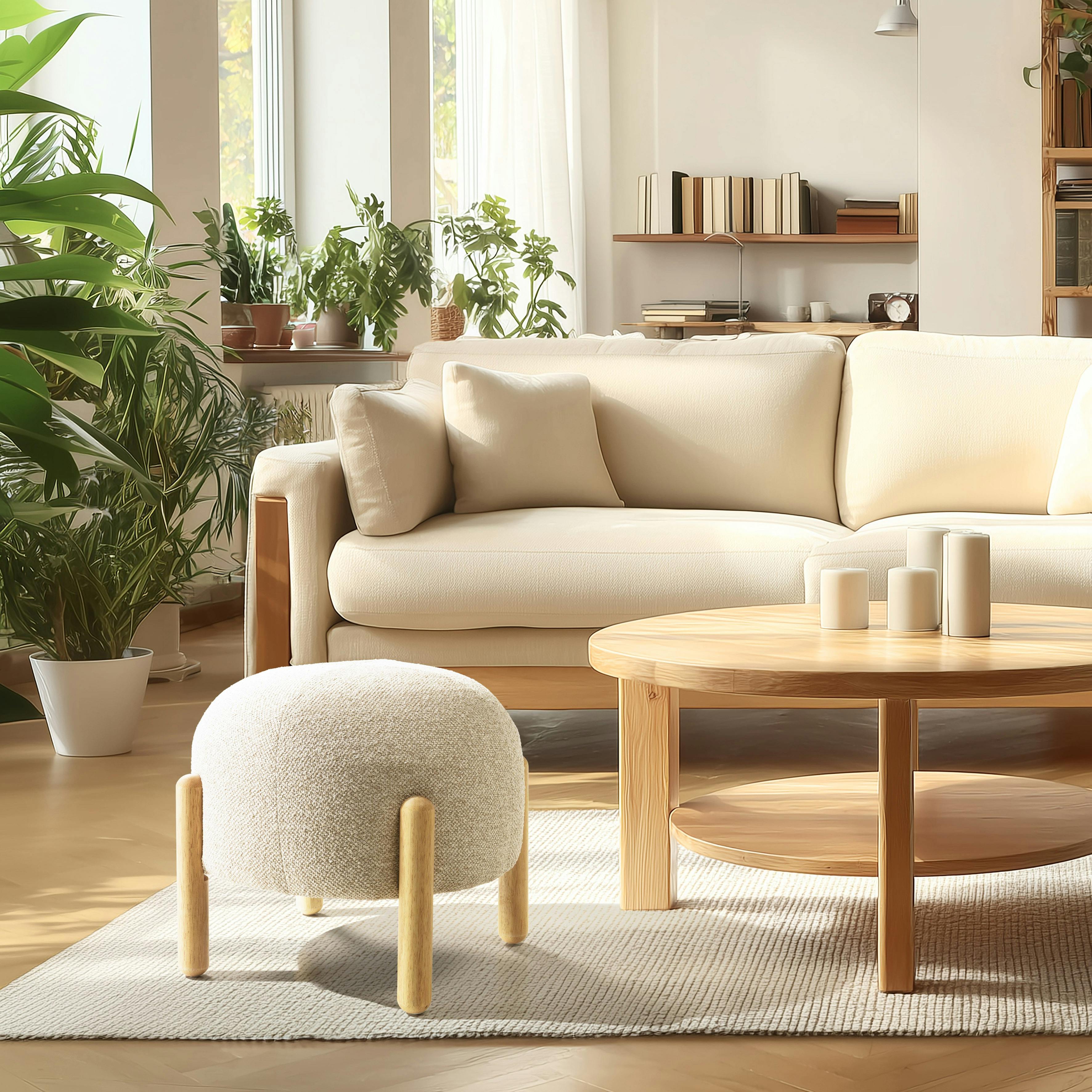 Pouf en tissu effet laine beige et pieds bois COLOMBUS