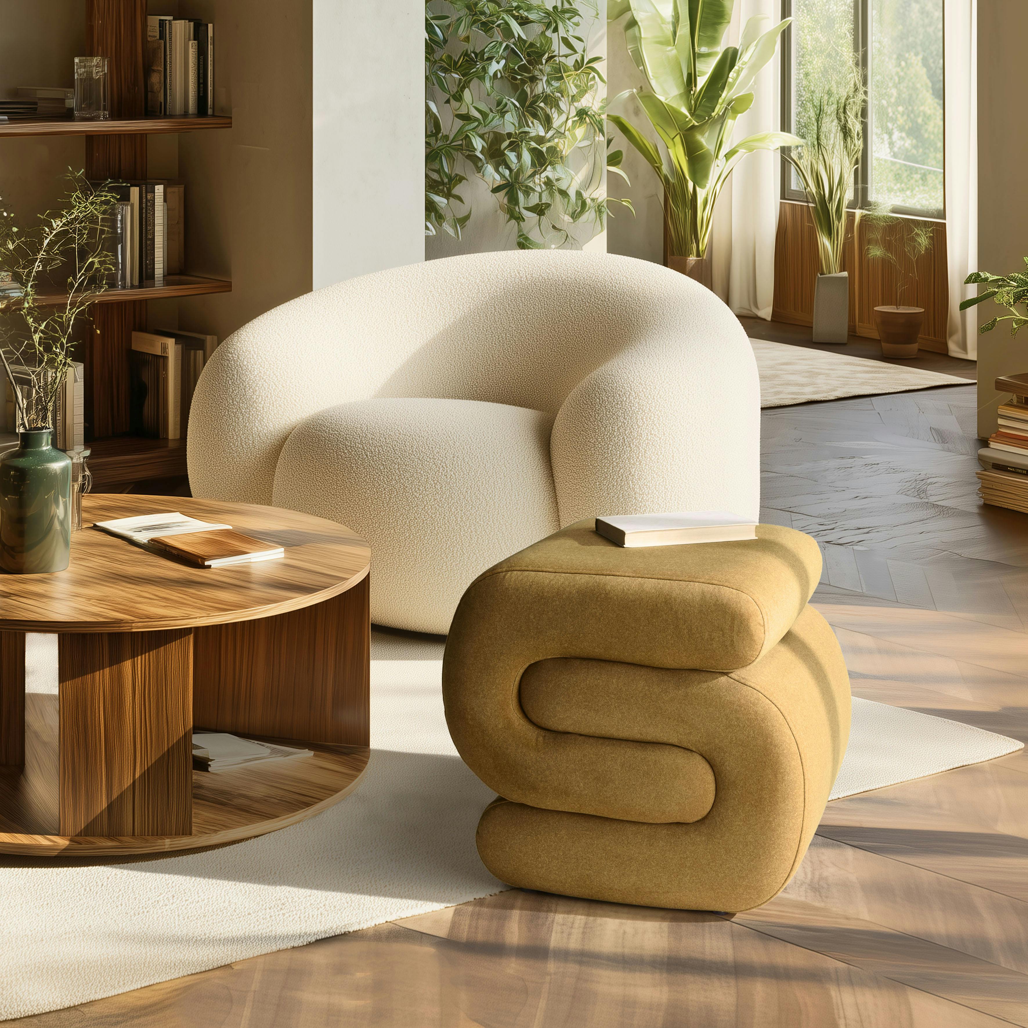 Pouf en tissu effet velours jaune moutarde COLOMBUS