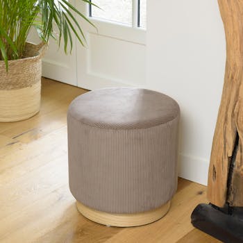 Pouf en velours côtelé marron et bois TIM