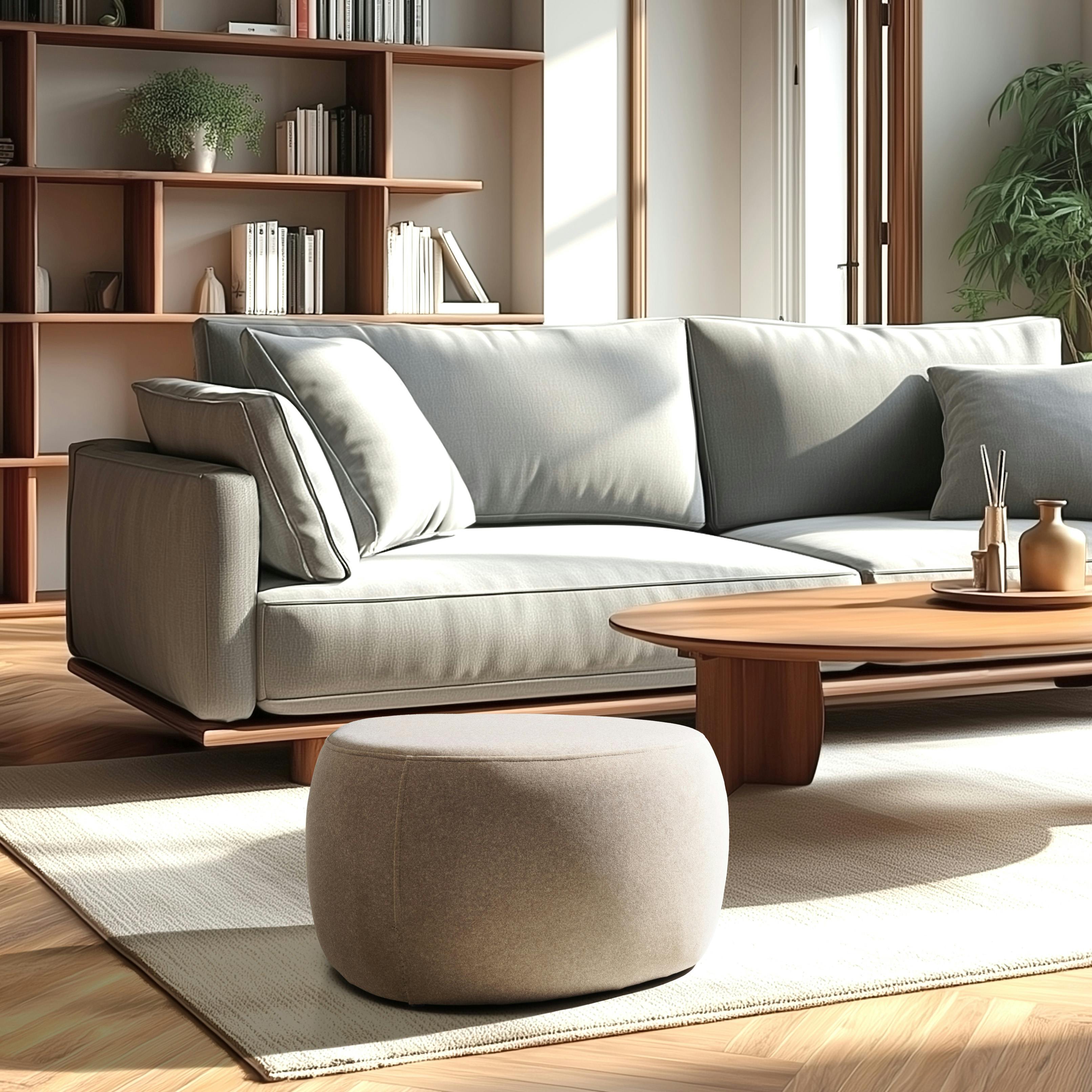 Pouf forme grand galet en tissu effet velours beige foncé COLOMBUS