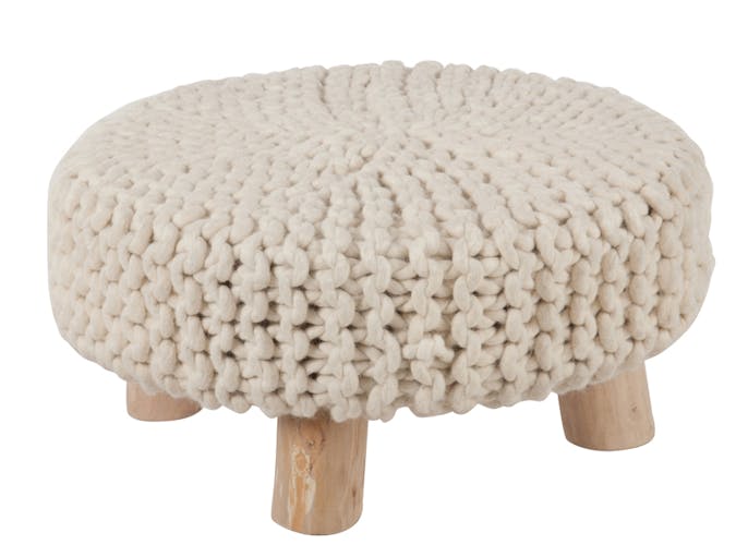 Pouf large, assise en laine blanche aspect tricoté D60H30cm