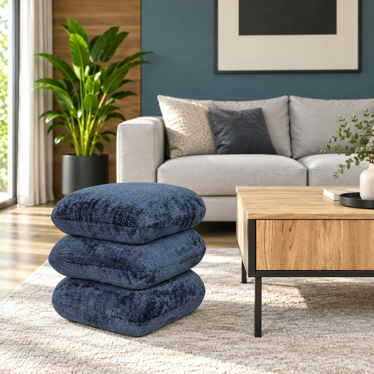 Pouf pivotant bleu nuit effet coussins empilés IENA