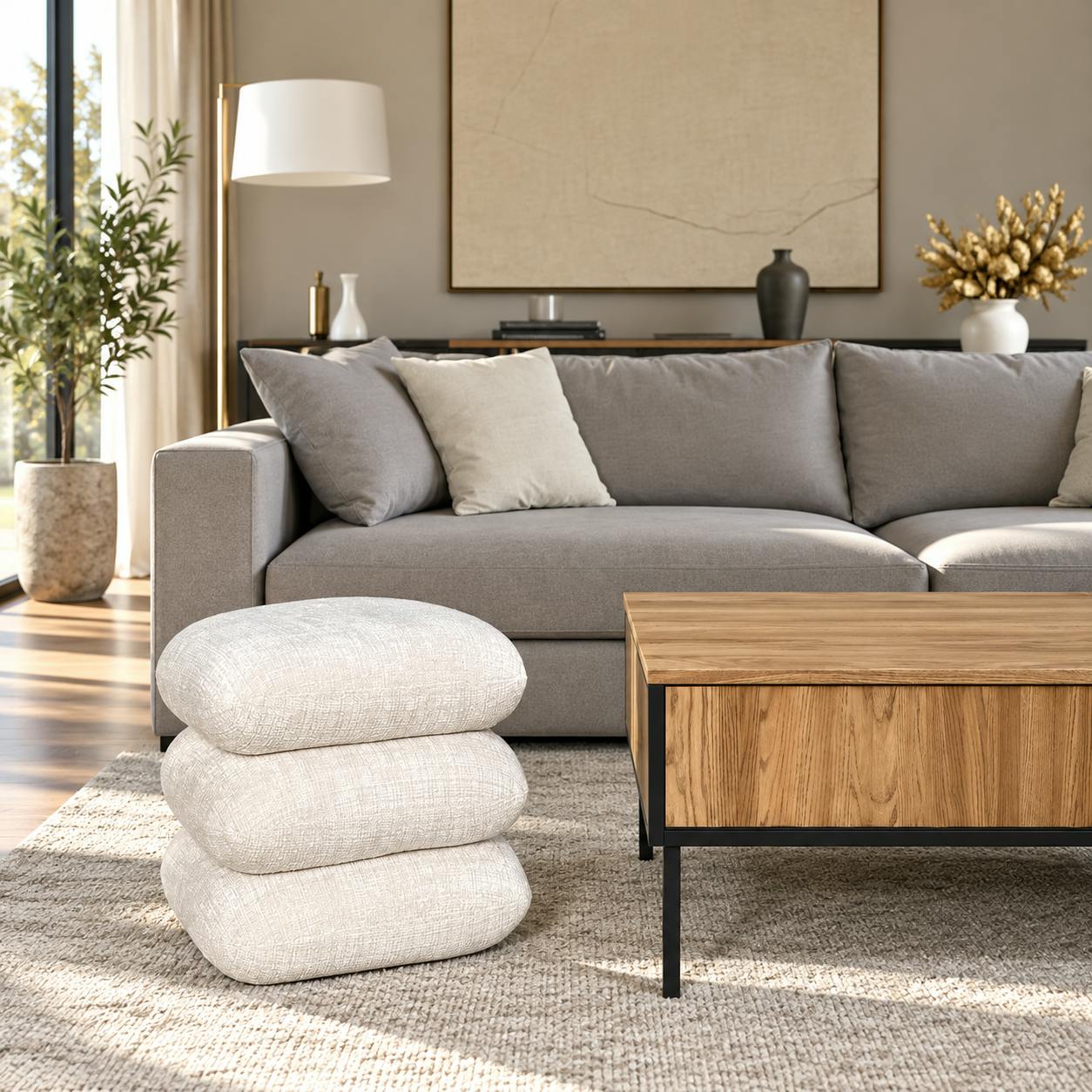 Pouf pivotant écru effet coussins empilés IENA
