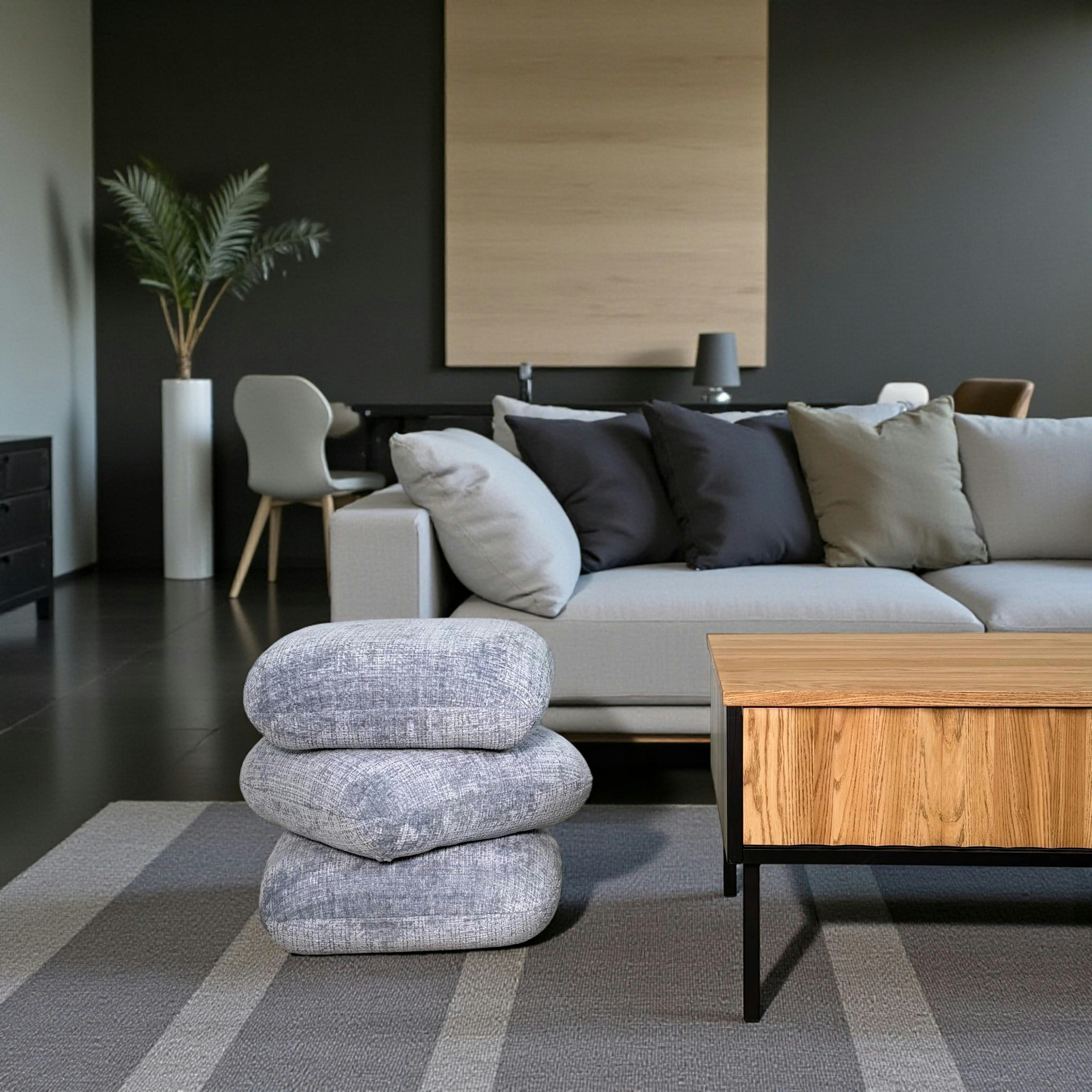 Pouf pivotant gris bleu effet coussins empilés IENA