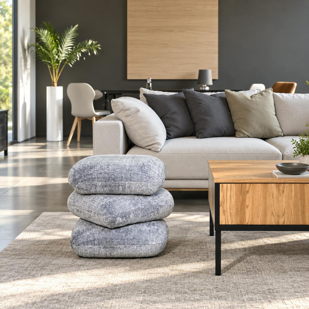 Pouf pivotant gris bleu effet coussins empilés IENA