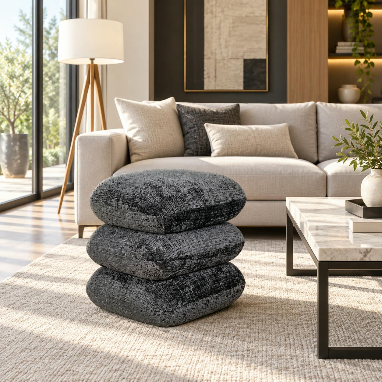 Pouf pivotant gris foncé effet coussins empilés IENA