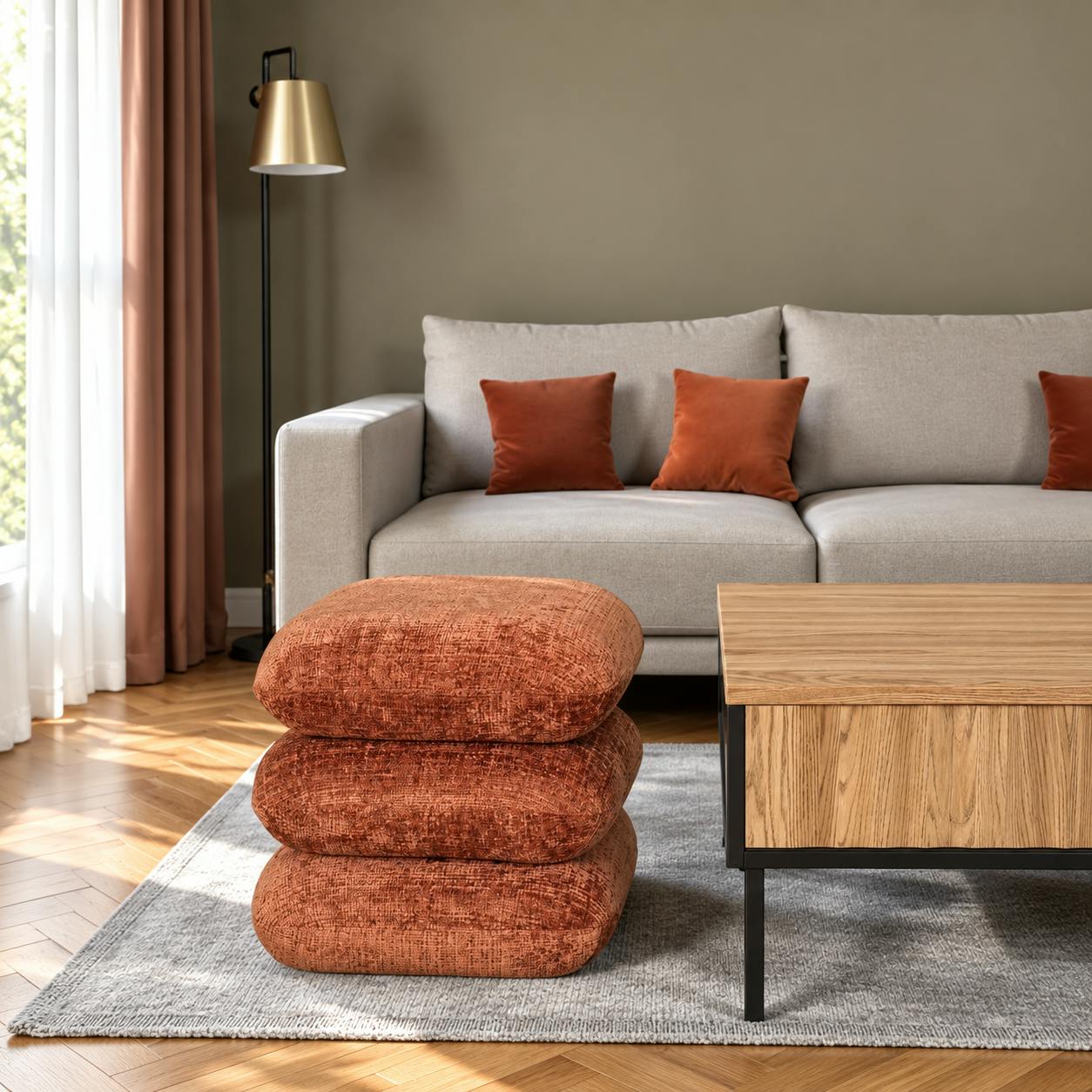 Pouf pivotant terracotta effet coussins empilés IENA