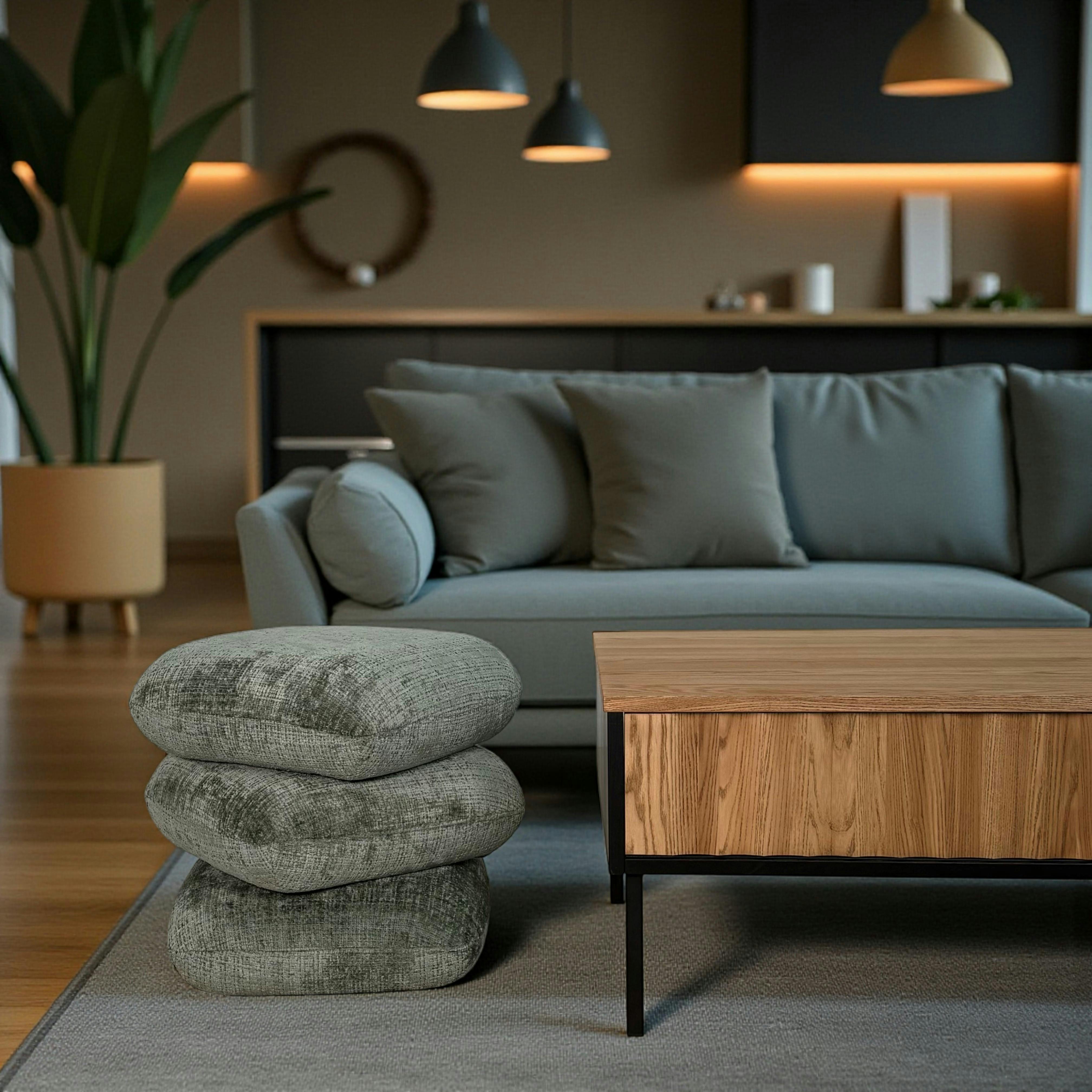 Pouf pivotant vert effet coussins empilés IENA