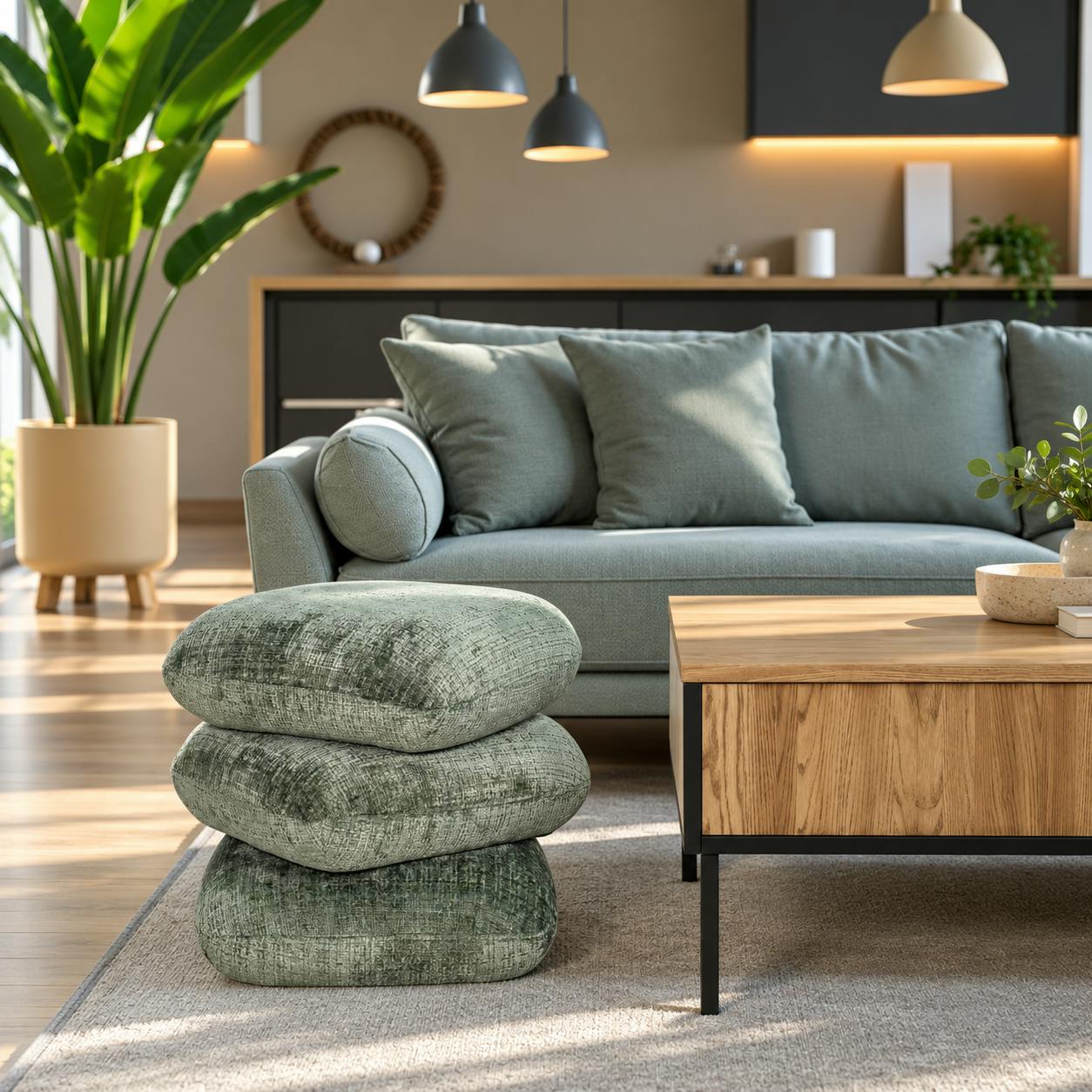 Pouf pivotant vert effet coussins empilés IENA