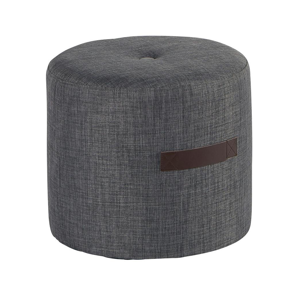 Pouf Rond Capitonné gris foncé et poignée couleur havane D44xH40cm HOUSE