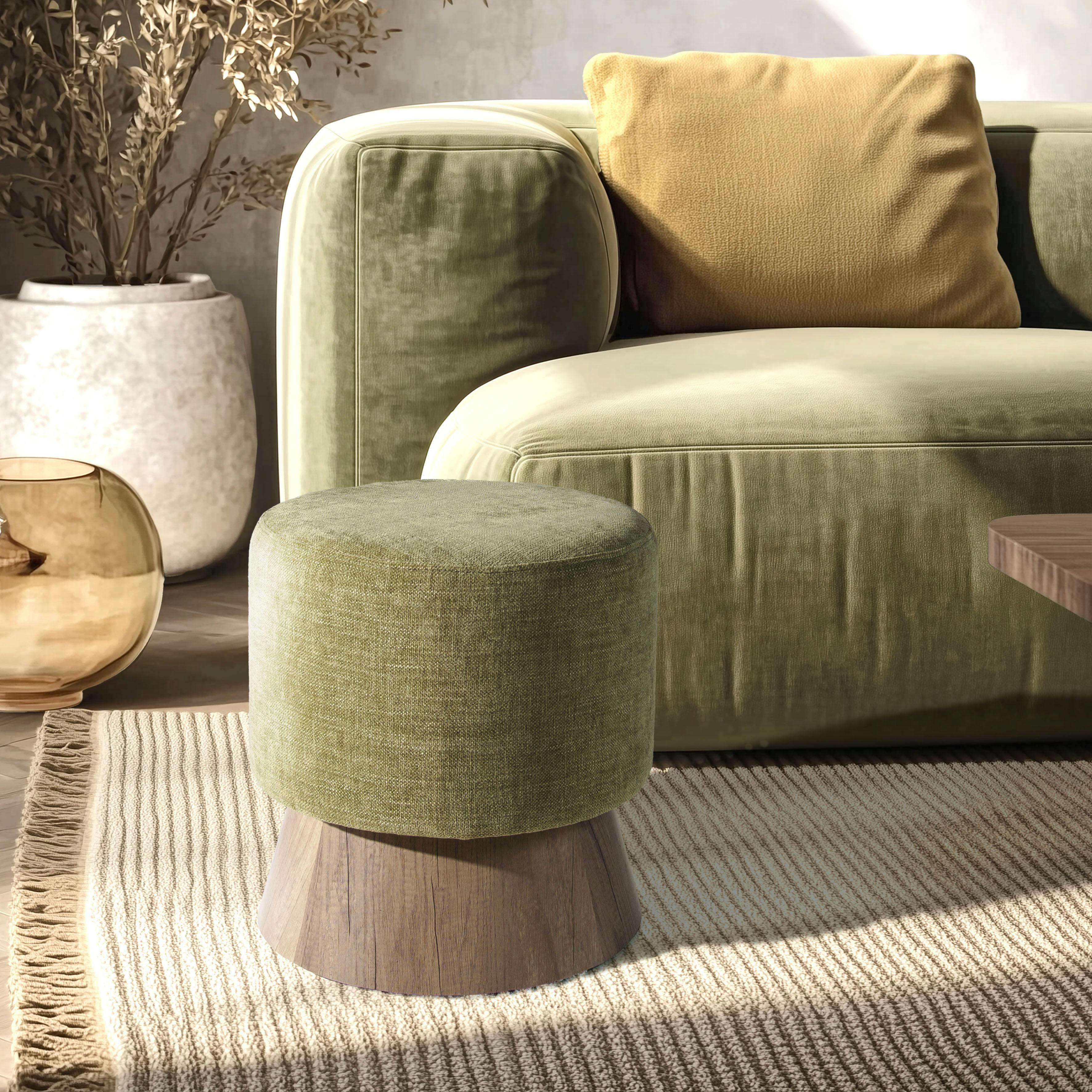 Pouf rond en tissu vert et pied bois  CASTILLE
