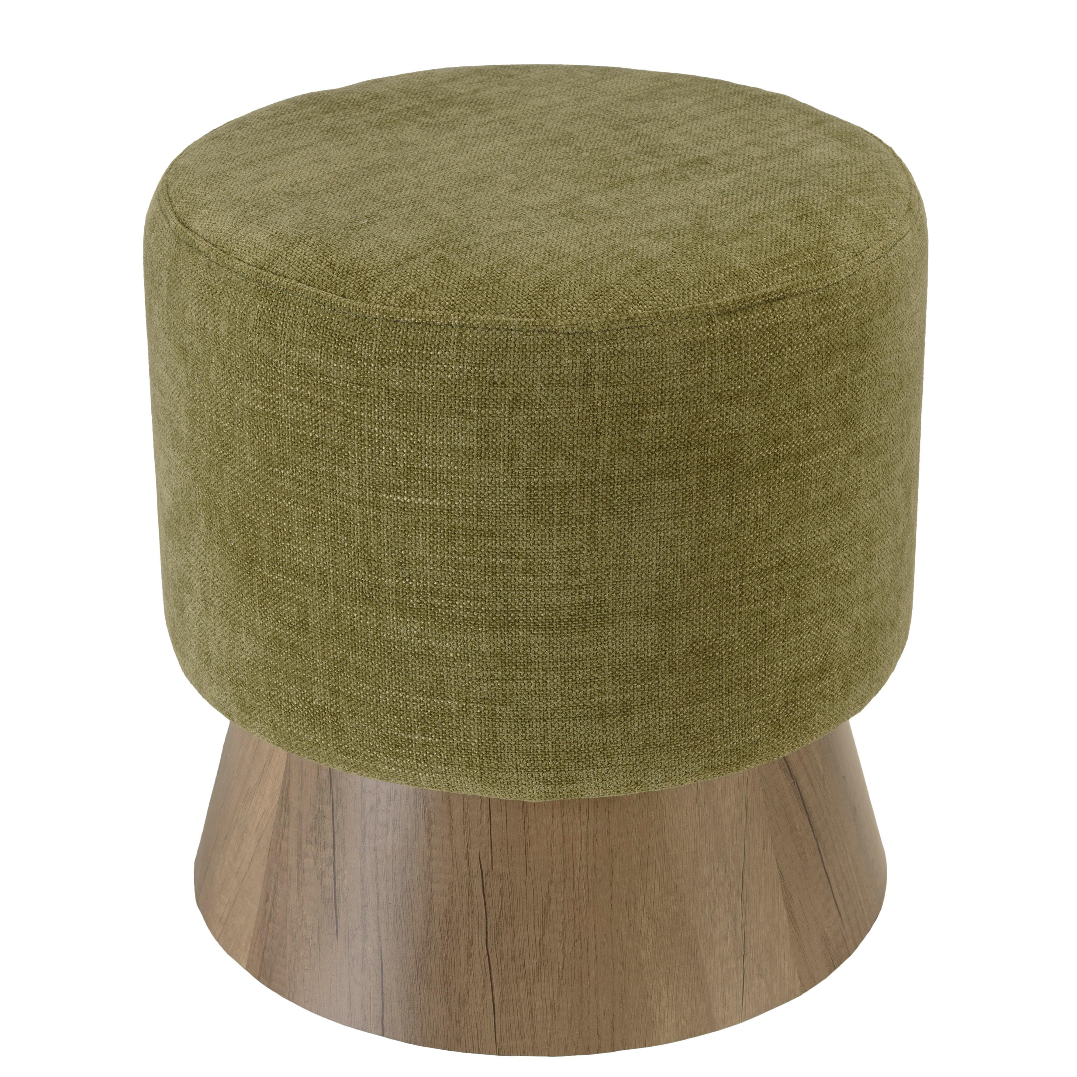 Pouf rond en tissu vert et pied bois  CASTILLE