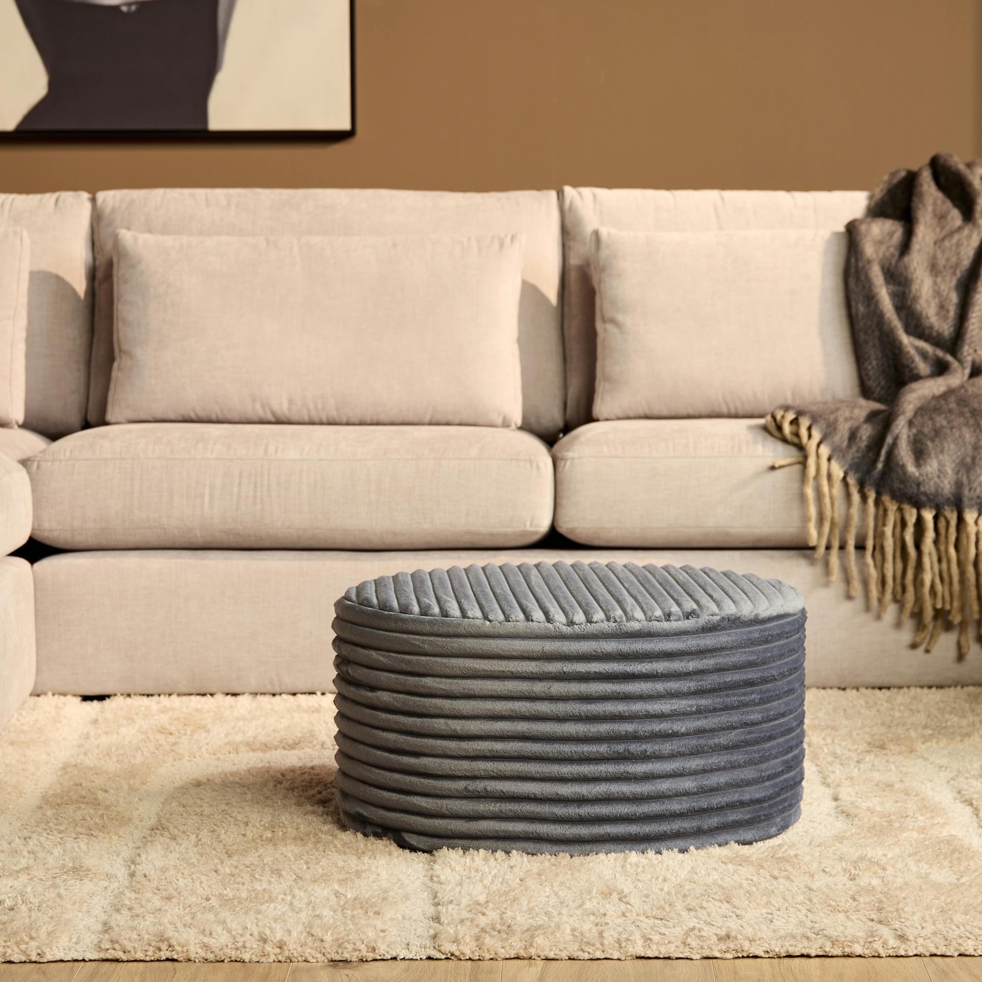 Pouf rond gris en velours côtelé RIVOLI