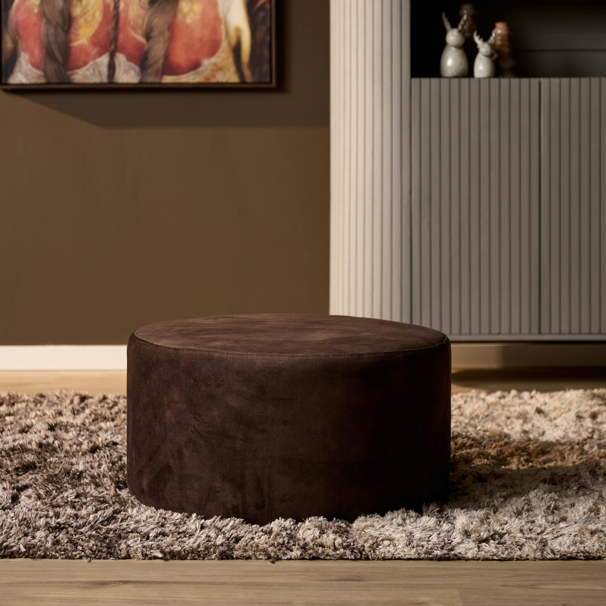Pouf rond marron tissu doux RIVOLI