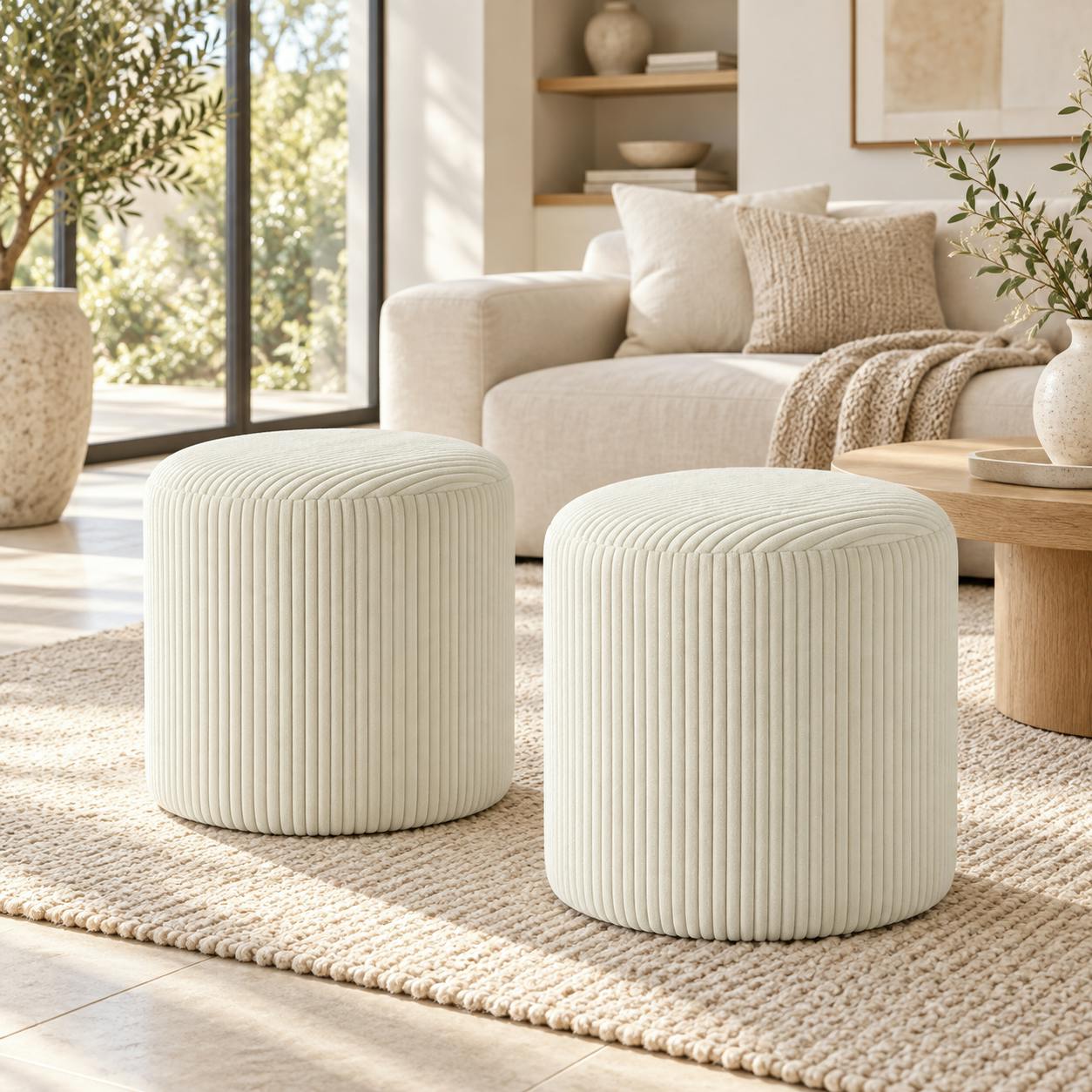 Pouf rond velours côtelé blanc (lot de 2) MALMOE