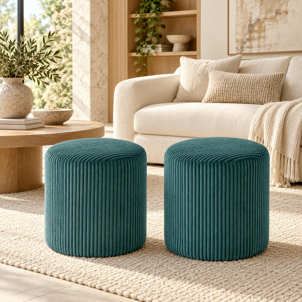 Pouf rond velours côtelé bleu pétrole (lot de 2) MALMOE