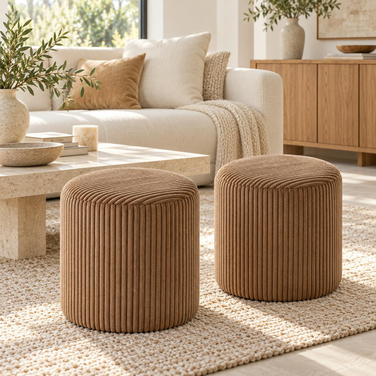 Pouf rond velours côtelé camel (lot de 2) MALMOE