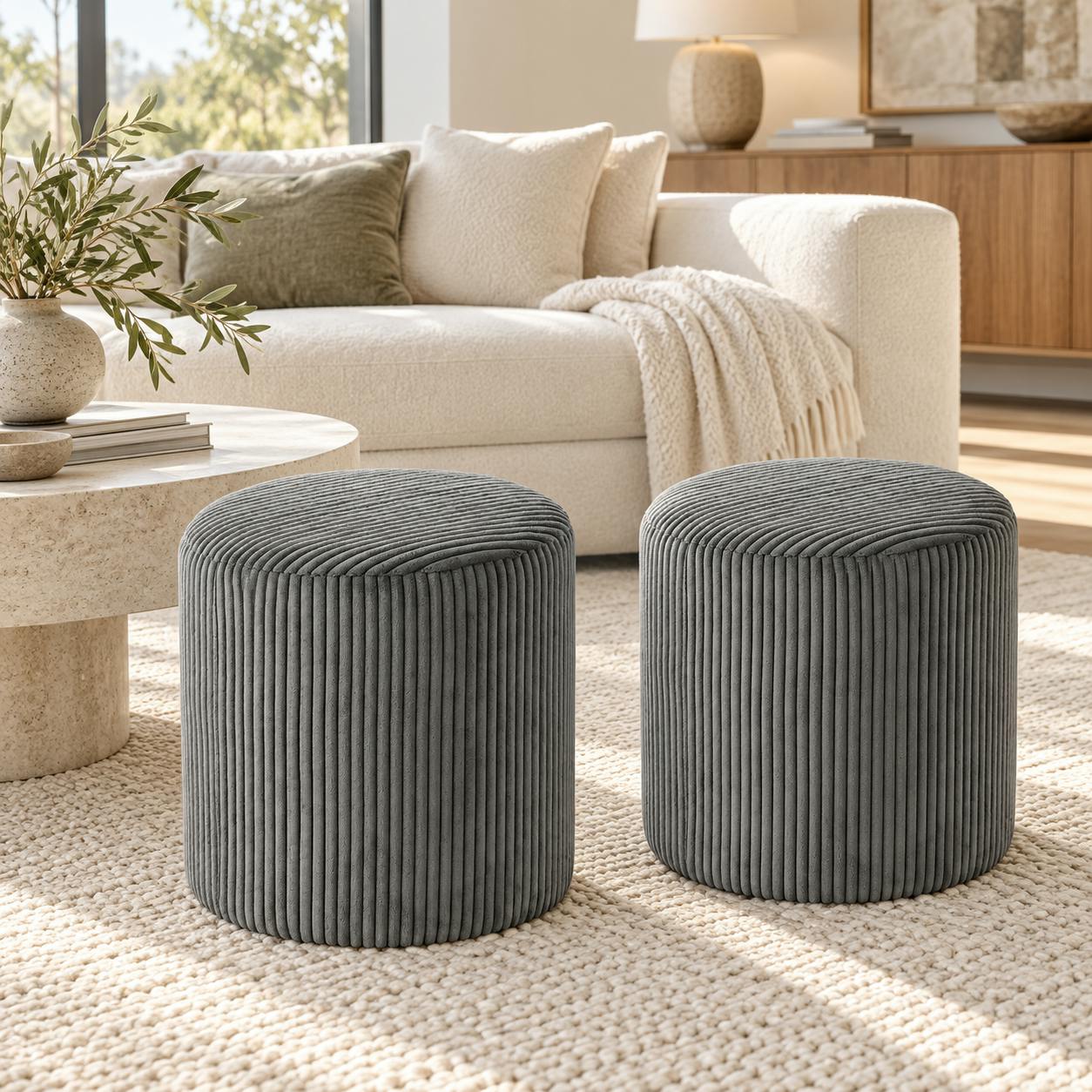 Pouf rond velours côtelé gris (lot de 2) MALMOE
