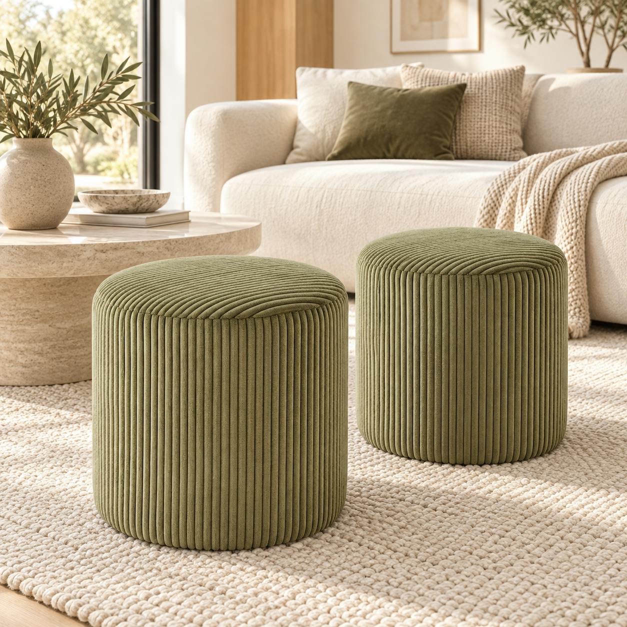 Pouf rond velours côtelé kaki (lot de 2) MALMOE