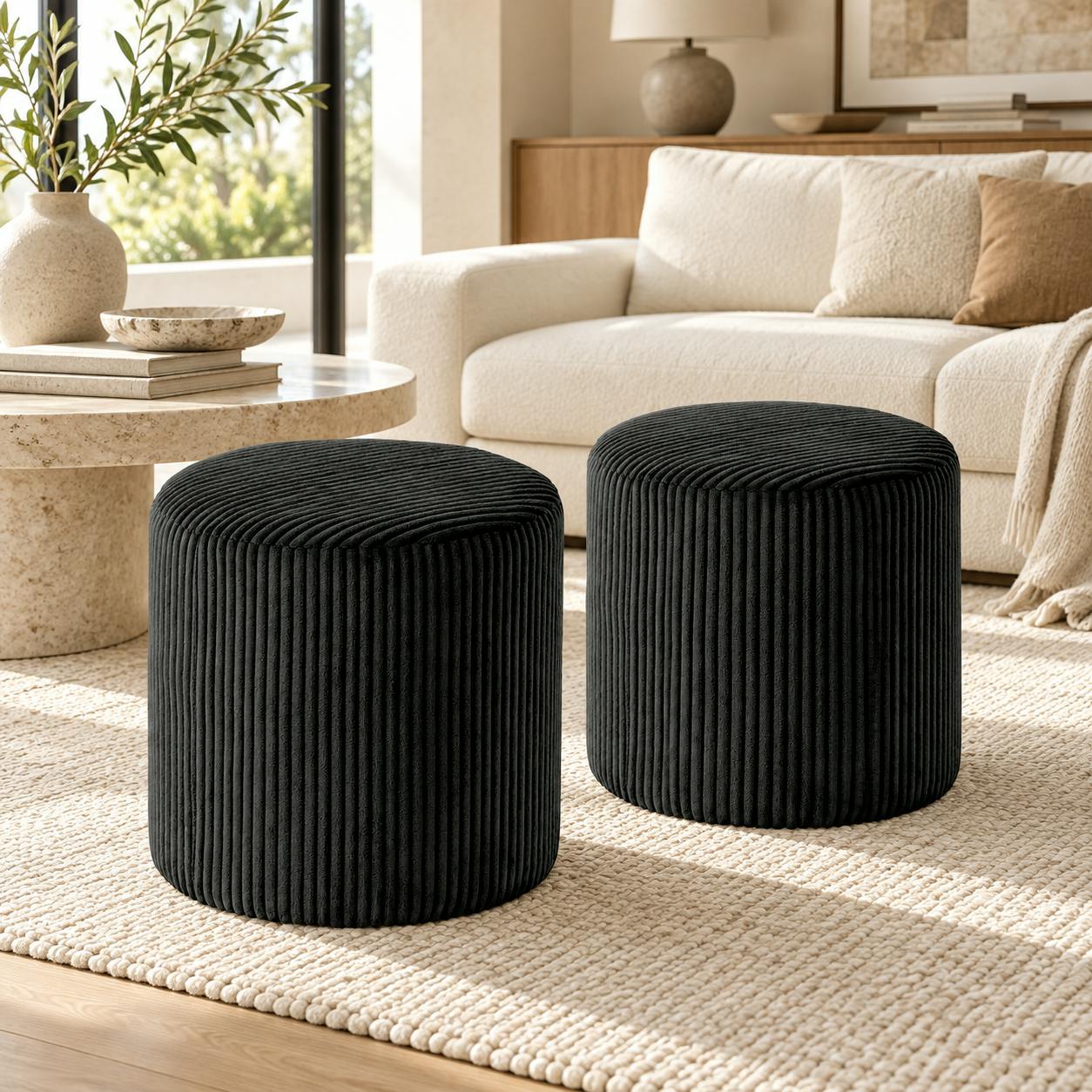 Pouf rond velours côtelé noir (lot de 2) MALMOE