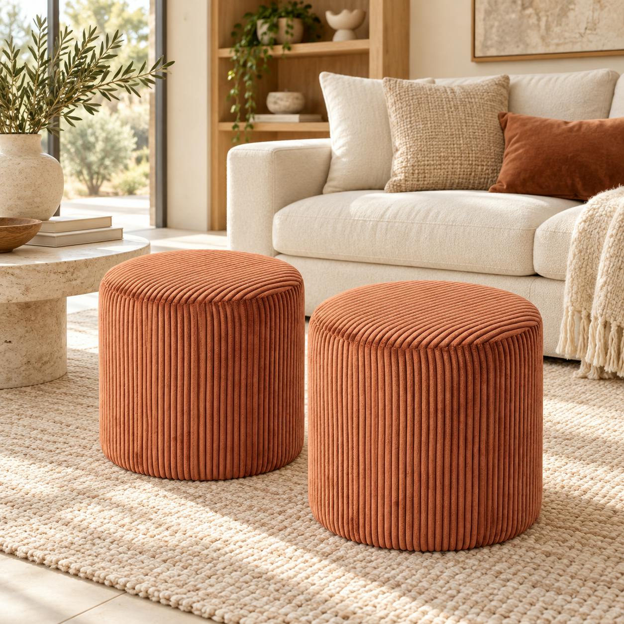 Pouf rond velours côtelé rouille (lot de 2) MALMOE